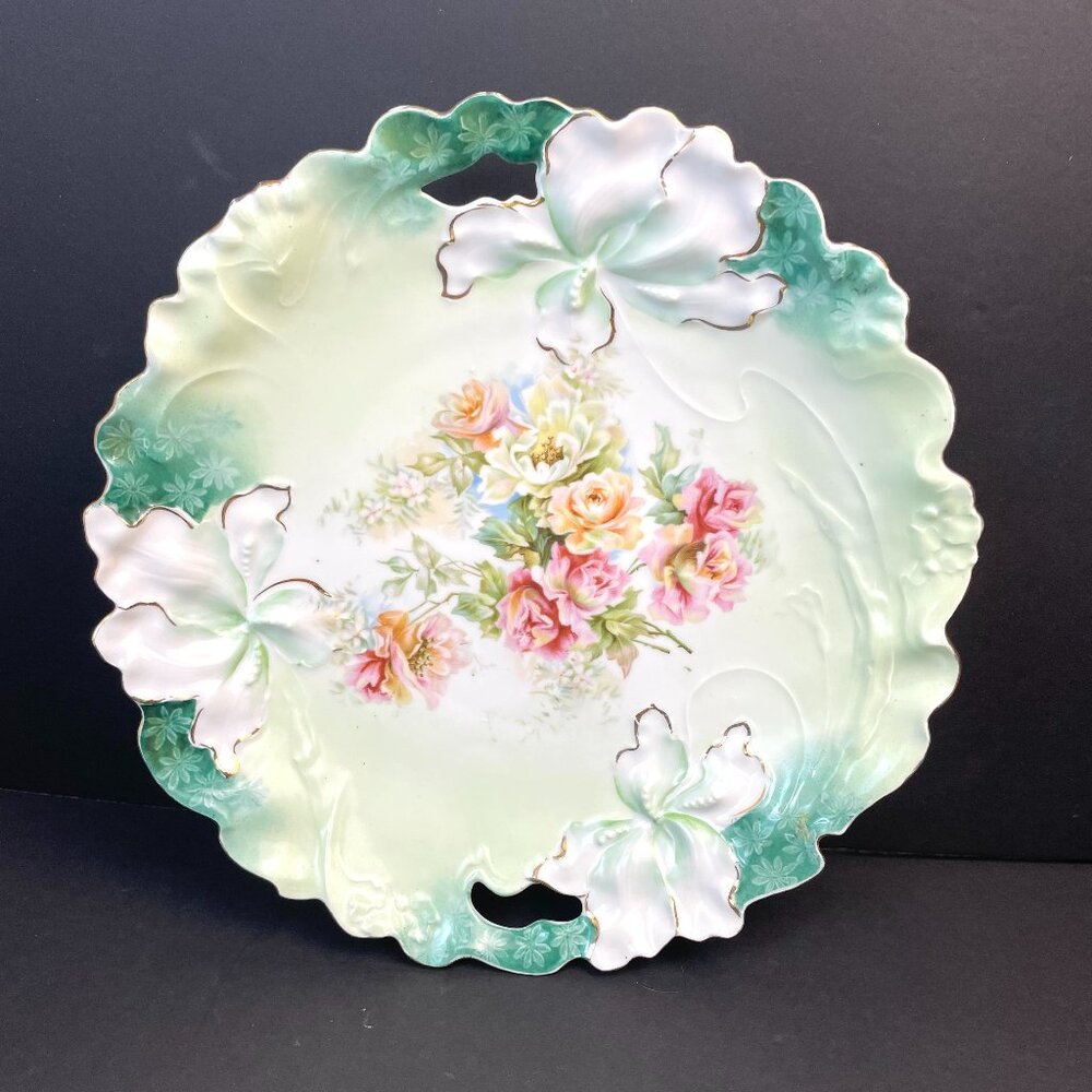 ANTIQUE Serving Bowl Ribbed Mold With Roses on Green 11 in * 1.5 in